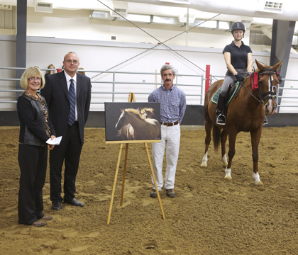 Left to right: Charlene Dalen-Brown of the EFC, Dr. Duncan Hockley, Dr. Fernado Marqués and Dr. Anne-Marie Guillemaud with her horse Nellie. Photo: Myrna MacDonald.