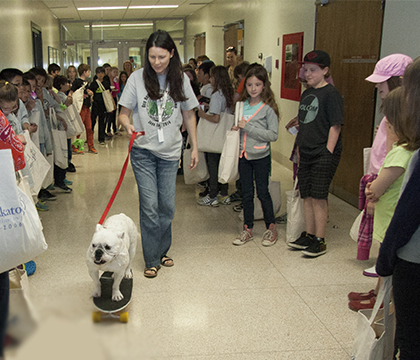 Annabelle, Dr. Colleen Dell's English Bulldog, shows off her skateboarding skills during the One Health Kids Camp.
