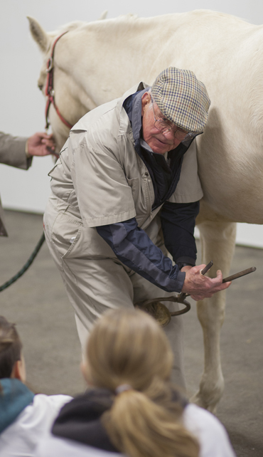 Dr. Marvin Beeman uses hoof testers on a lame horse during the WCVM lab. Photo: Christina Weese.