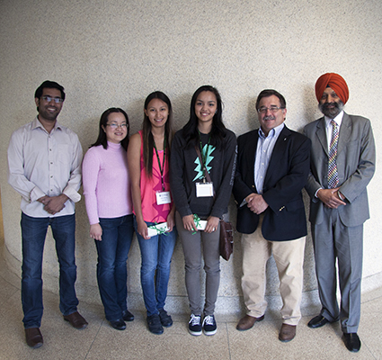 Verna Kirkness participants, students and faculty at the WCVM: (from left) Yadu Balachandran, Le Khanh, Keshay Mitstuing, Sommer Benjamin, Dr. Douglas Freeman and Dr. Baljit Singh. Photo by Jeanette Stewart. 