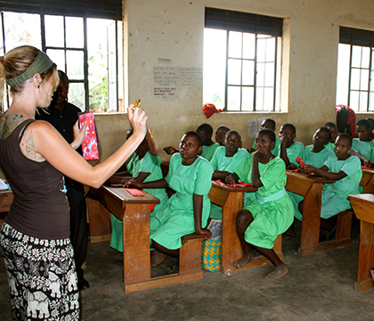 Sarah teaching the girls at Kihwa Primary School how to use reusable menstrual pads. Photo courtesy Sarah Zelinski. 