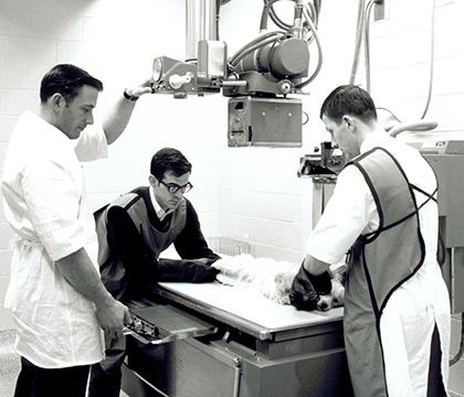 Radiographing a dog in WCVM's new veterinary teaching hospital (circa 1969).