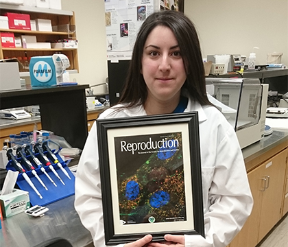 Jessica Nicoletti from the WCVM's Department of Veterinary Biomedical Sciences recently had a paper published in the prestigious journal Reproduction. In addition, her image was used for the journal cover. Submitted photo. 
