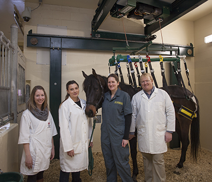 The equine lift research team, including student Alison Williams (left) and Dr. Julia Montgomery (second from right). Photo by Christina Weese. 