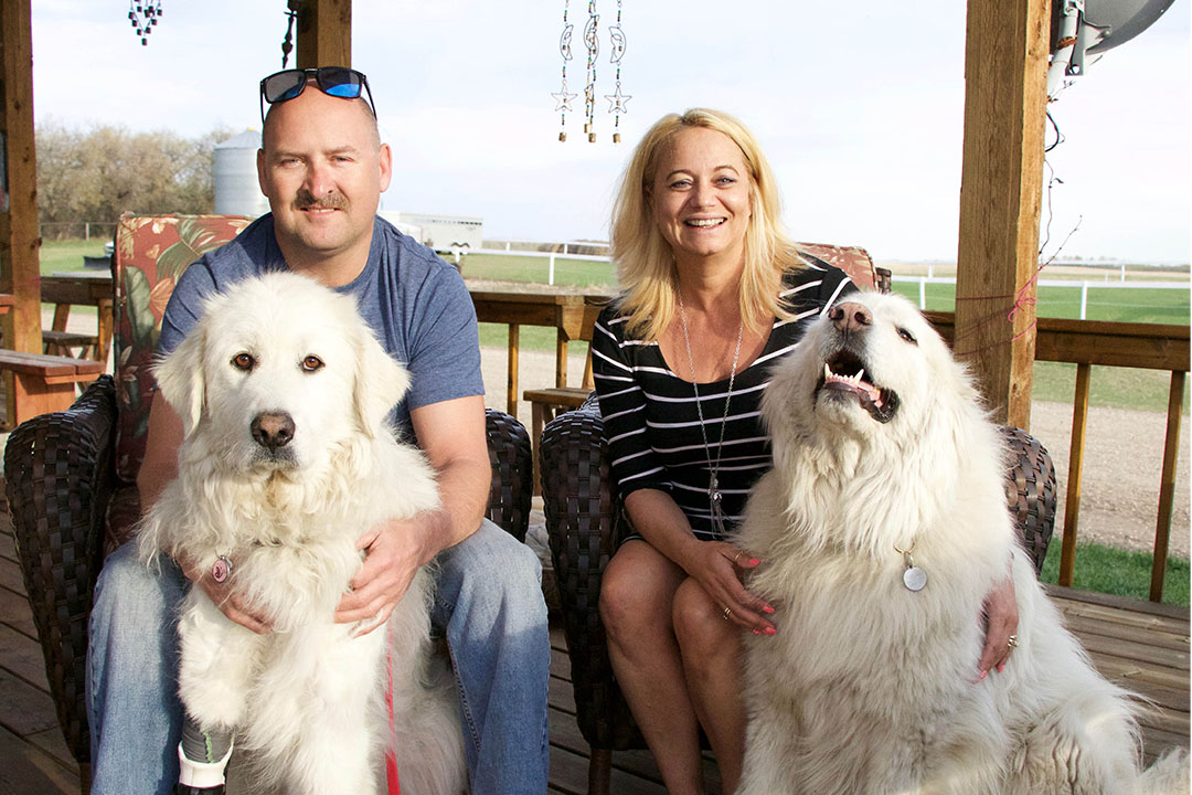 Sookie (bottom left) at home with her owners John Kunard and Shannon Hamilton, and brother Nanook. Photo by Jeanette Neufeld.