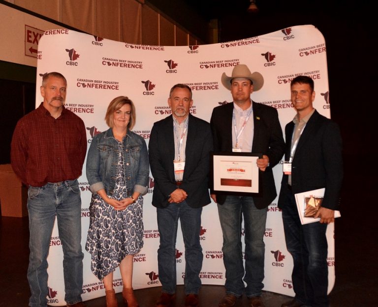 From left to right: BCRC science director Reynold Bergen; BCRC executive director Andrea Brocklebank; award recipient Dr. John Campbell; Ryan Beierbach, BCRC chair; Steve Hendrick, co-presenter and veterinarian at Coaldale Veterinary Clinic. Supplied photo. 