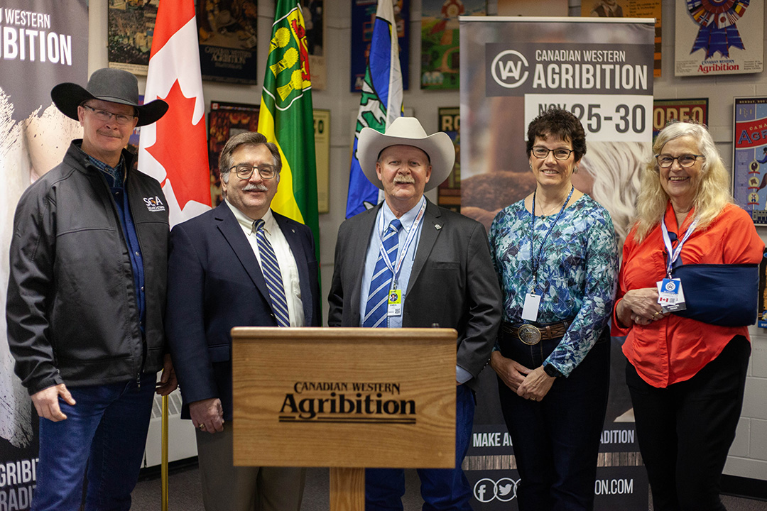 From left: Duane Thompson, LFCE Strategic Advisory Board Chair; Dr. Doug Freeman, WCVM Dean; Chris Lees, Agribition President;  Kim Hexdall, Agribition Vice-President; Dr. Mary Buhr, Dean, USask College of Agriculture and Bioresources. Photo by Rigel Smith. 