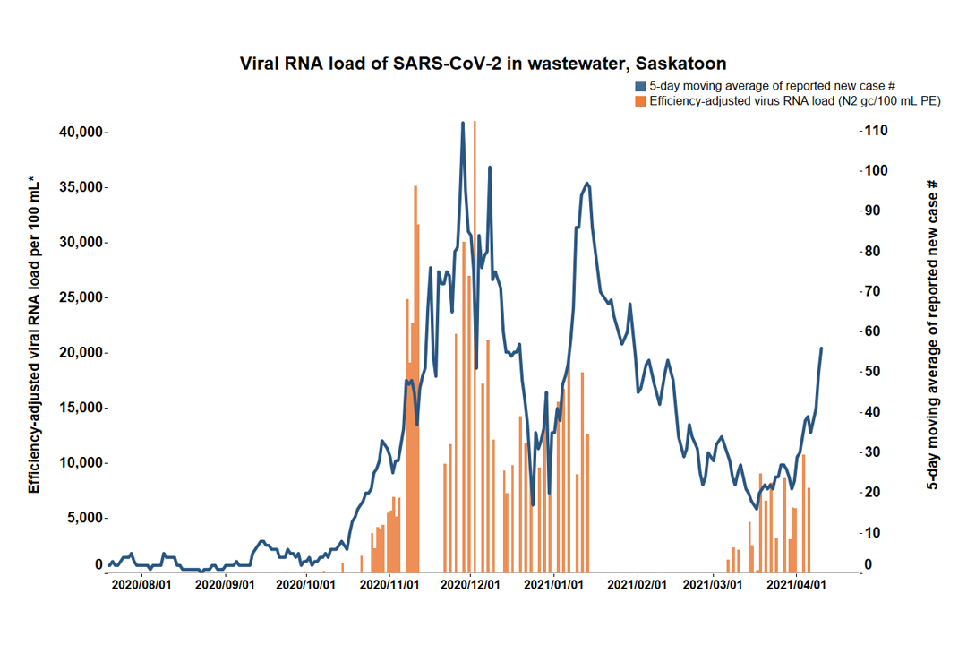 This graph shows the five-day moving average of new COVID-19 cases in Saskatoon (blue line; source Saskatchewan's COVID-19 dashboard) and wastewater surveillance data (orange bars), which is a normalized virus load per 100 millilitres of wastewater. These results were generated using an RT-qPCR test for the viral nucleocapsid (N2) gene and adjusted for the extraction efficiency of viral RNA.