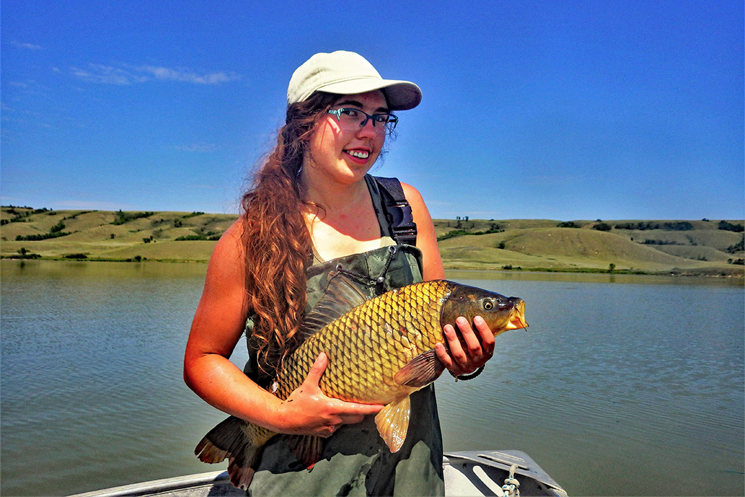 Dr. Gabrielle Achtymichuk: I loved being outside on the water catching and tagging fish, and I equally loved being in the lab and going over the experimental designs for lab trials.” Submitted photo. 