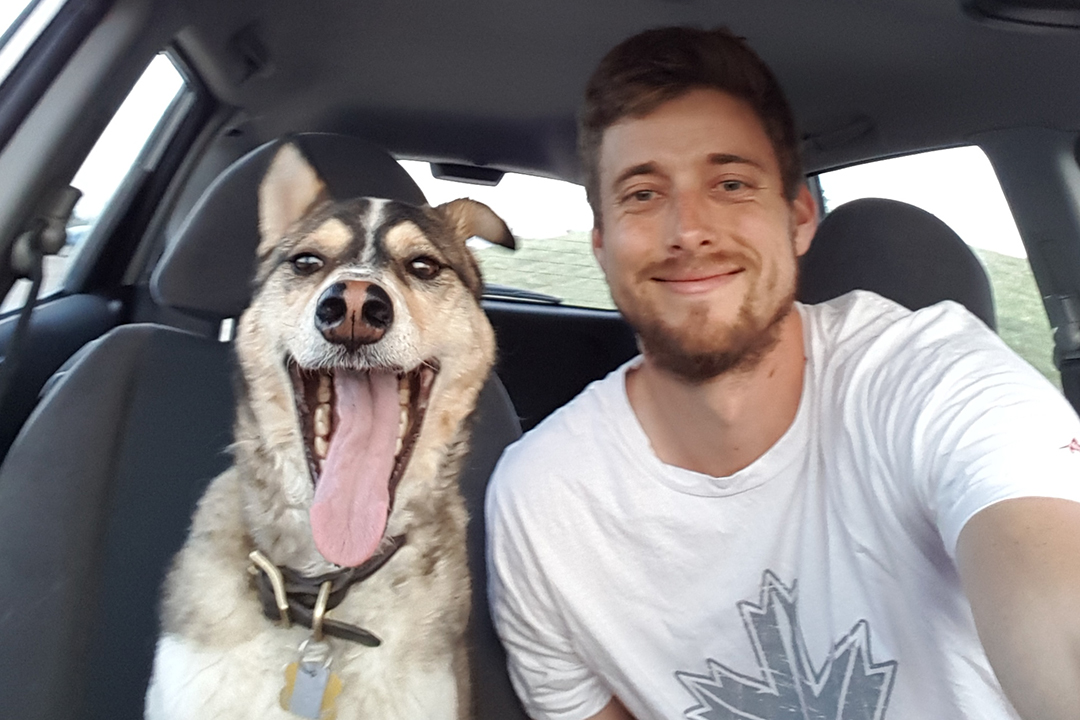 Dr. Paul Thiessen and Maggie. Thiessen credits Neufeld and their dog Maggie, his “constant companion and true friend,” for helping him cope with the day-to-day challenges of veterinary school. Submitted photo. 