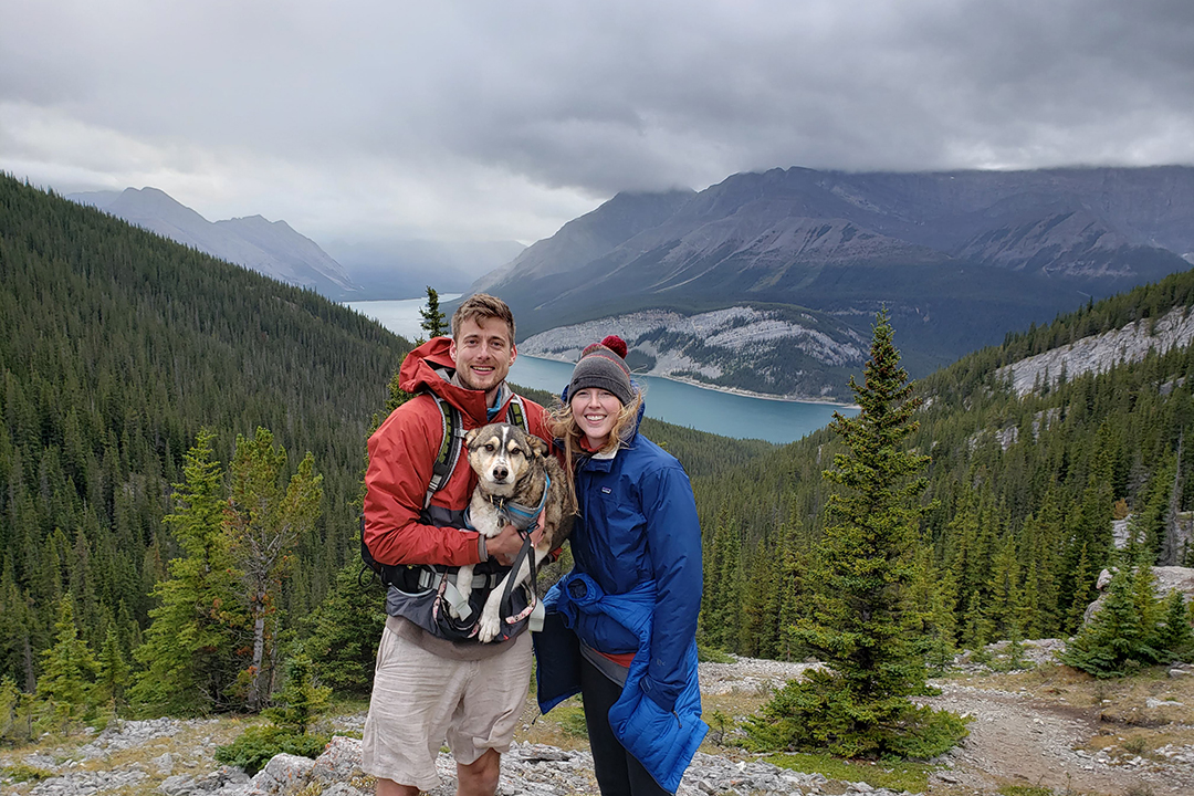 Dr. Paul Thiessen, his partner Dr. Jamie Neufeld, and their adventurous dog Maggie in Alberta's Kananaskis area. Submitted photo.