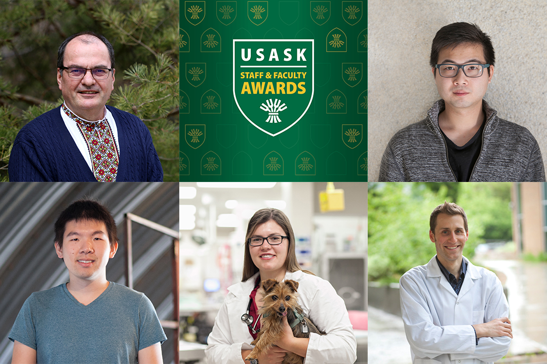 Five Western College of Veterinary Medicine faculty, staff and students have received provost's teaching awards this year. Clockwise from top left: Dr. Elemir Simko, Dr. John Ching, Dr. Joe Rubin, Dr. Jen Loewen, Steve Yang.