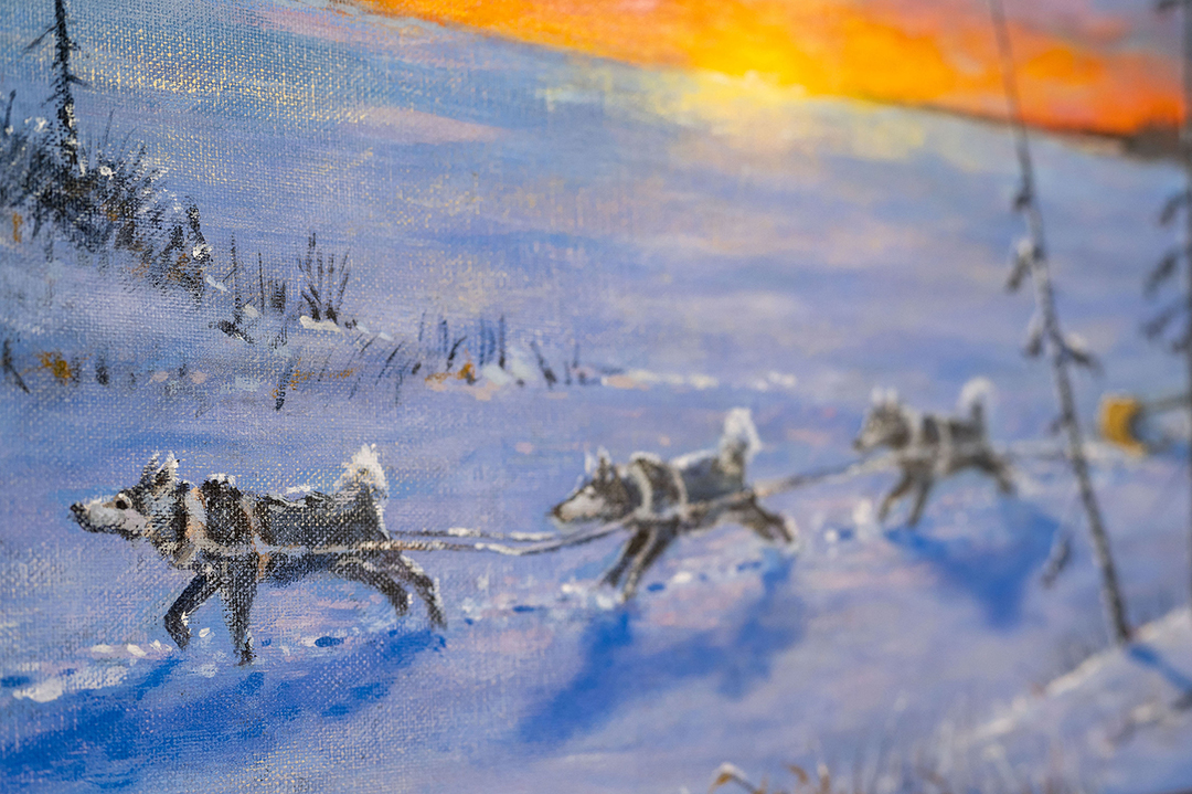 A painting of sled dogs running on snow.