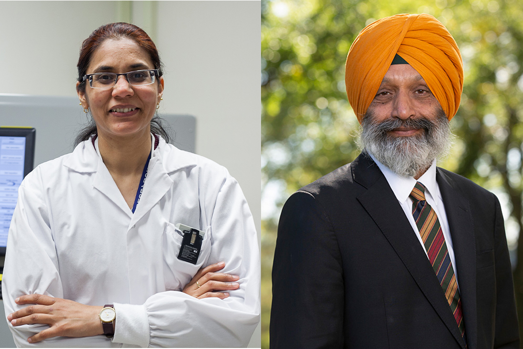 Dr. Gurpreet Aulakh (left) and Dr. Baljit Singh are leading an investigation of pentraxin 3, a protein that plays an important role in preventing infection from certain viruses and bacteria in the lung. 