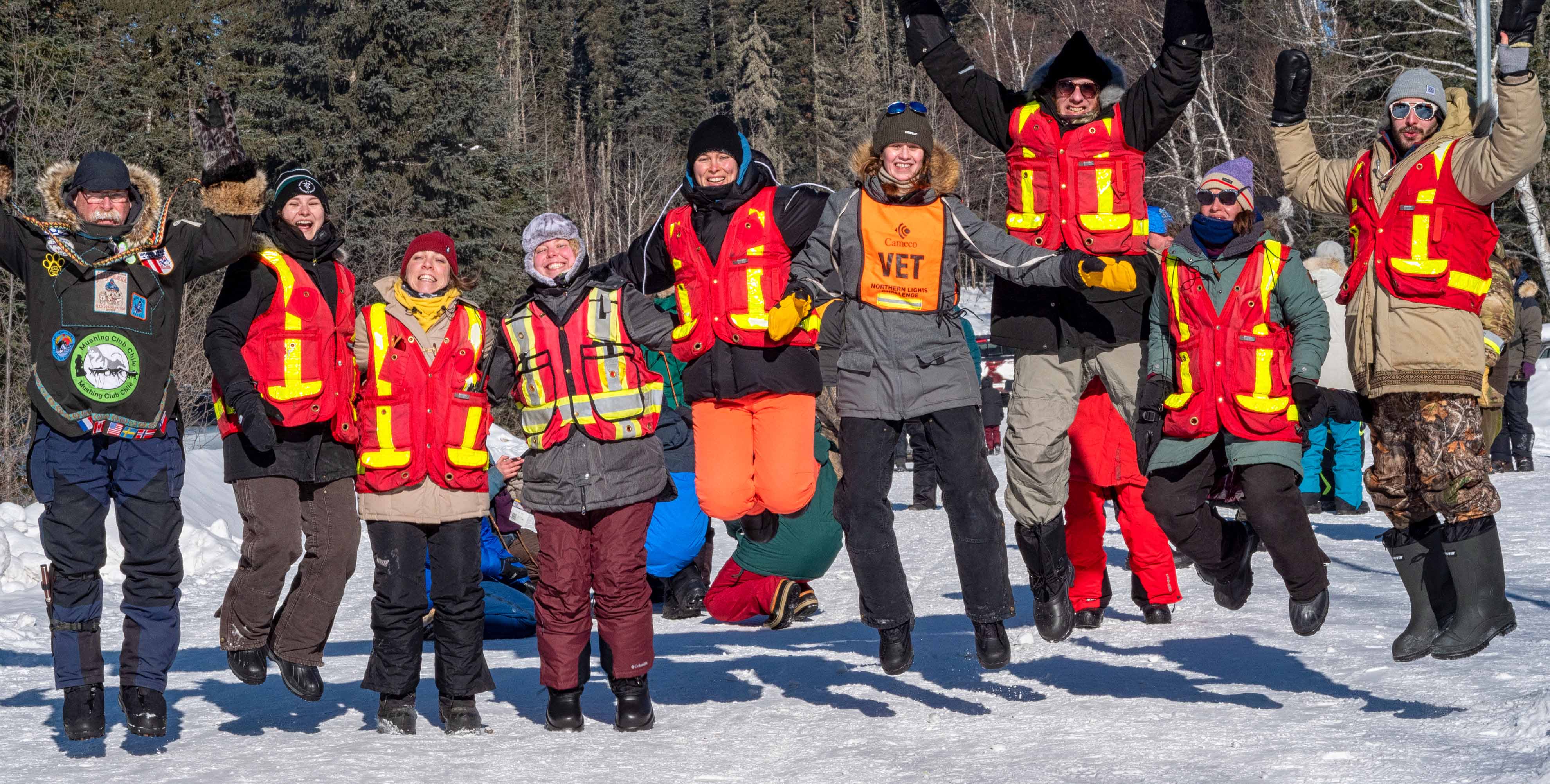 Members of the 2023 Canadian Challenge's veterinary team included WCVM clinician Dr. Romany Pinto (second from right) and WCVM student Emmalyn Elgersma (centre, wearing orange pants). Photo: Jim Williams. 