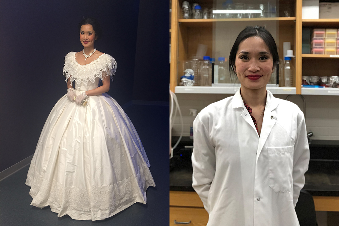 Evanna Lai in white opera dress and Evanna Lai in a lab coat 