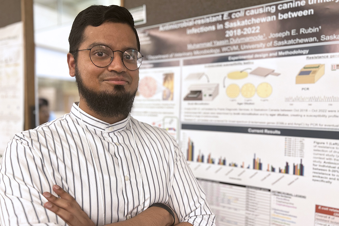 Yaasin Dulymamode, a WCVM veterinary microbiology student, standing with his arms crossed in front of his research poster.