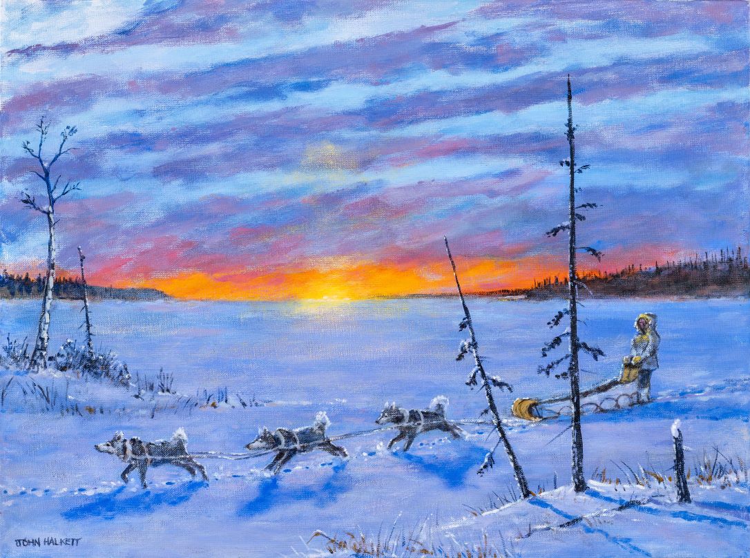 painting of dog sled team in northern Saskatchewan 