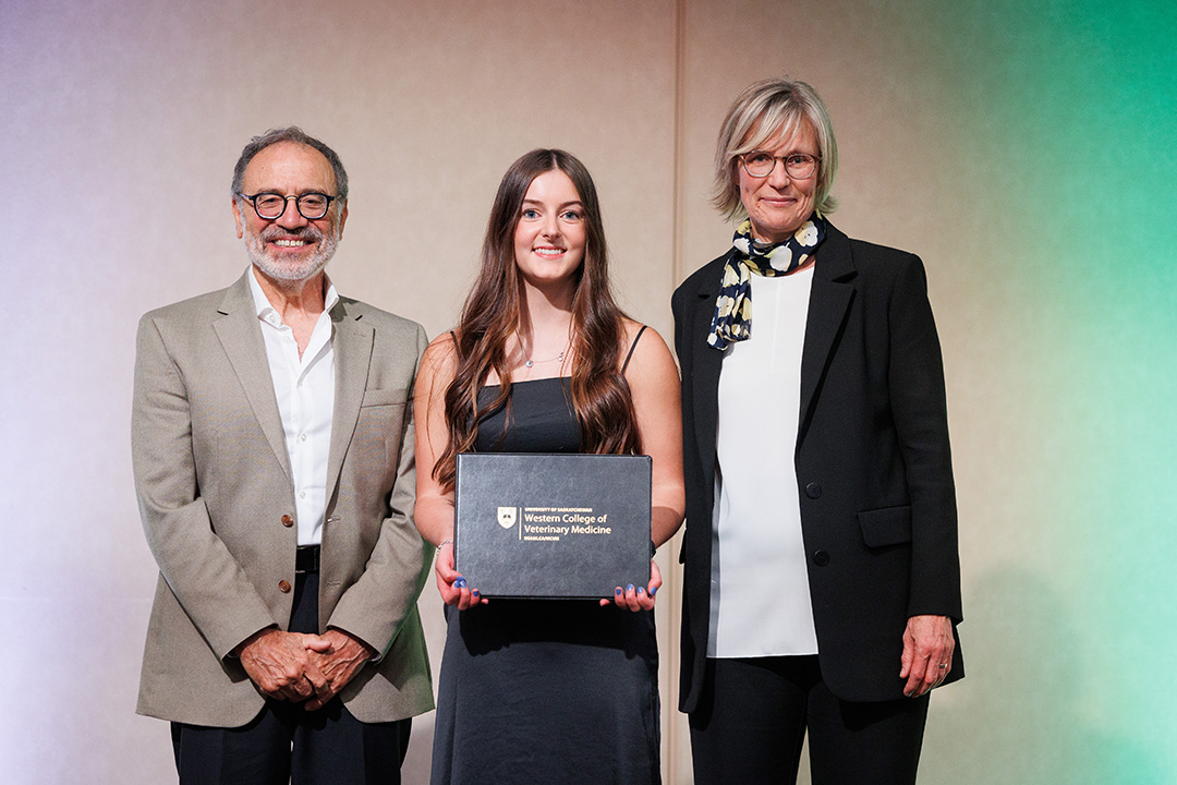 Left to right: Franco Marino, Dr. Sophie Adams (recipient) and WCVM Dean Dr. Gillian Muir.  David Stobbe / Stobbe Photo