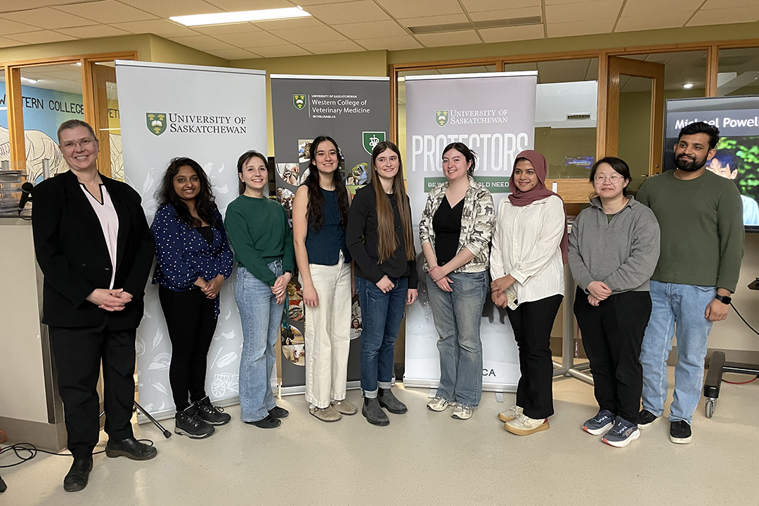L to R: Dr. Lynn Weber, associate dean, research; Asha Ranaraja; Suzana Stubert; Maria Janser; Bree Bilton; Camiryn Kardal; Taslimun Jannat: Jessica Lam; and Mohammad Umar. 