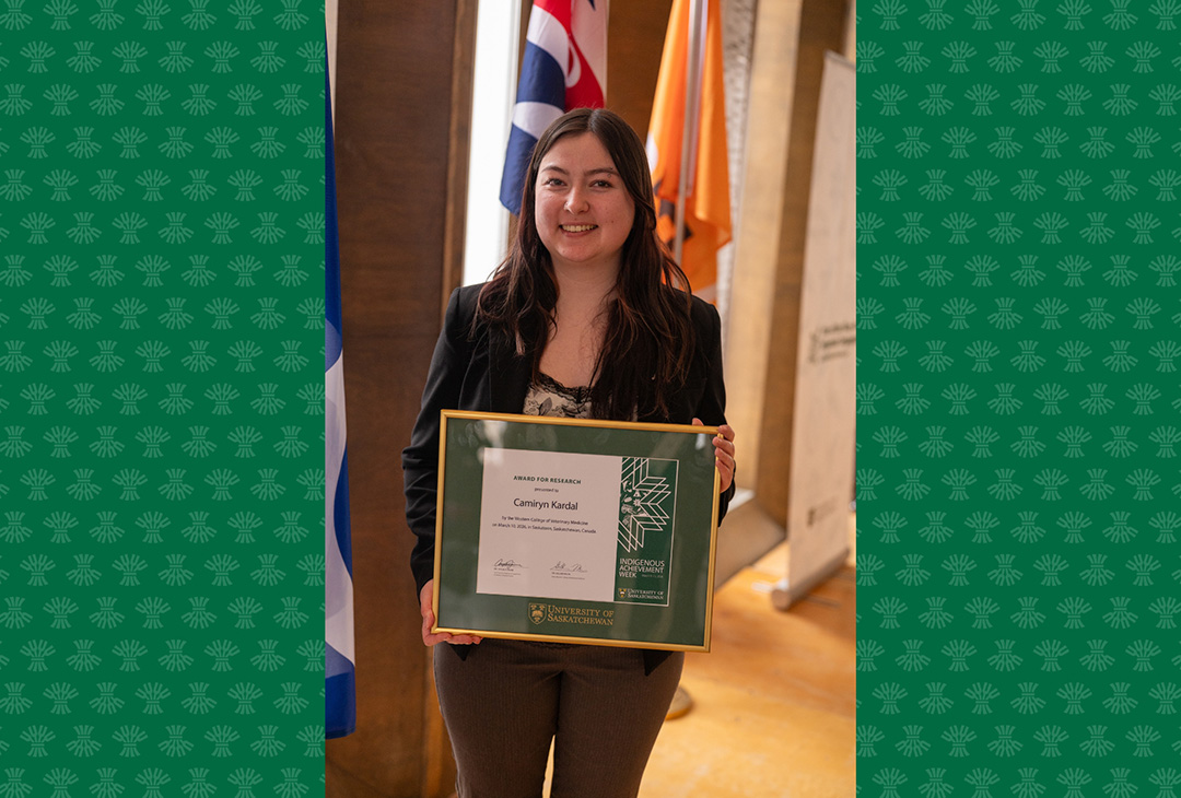 WCVM-based graduate student Camiryn Kardal smiling with her Sask Indigenous Student Achievement Award.